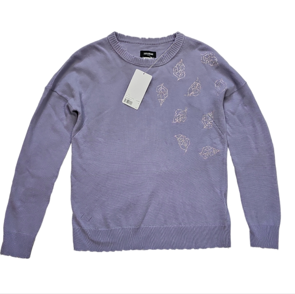 Zadig & Voltaire Gaby Strass Leaves Wool & Cashmere Sweater Lavender Ptp…